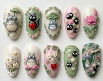 Kawaii Anime Press On Nails | 3D Totoro, Strawberry, Flower & Soot Sprite Design | Cute Nature Aesthetic Nails Set