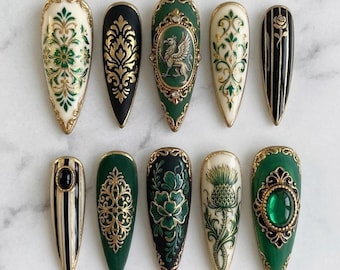 Luxury Baroque Press On Nails | Emerald Green Gold Vintage Royal Design | Ornate Gothic Elegant Nail Set