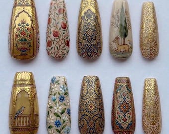 Vintage Persian Press On Nails | Gold Floral Art Nails | Handmade Luxury Designer Nails