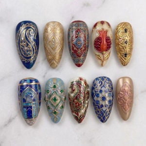 Handmade Persian Royal Press On Nails | Gold Embossed, Mosaic Tile, Gem & Pomegranate Art | Luxury Middle Eastern Statement Nail Set