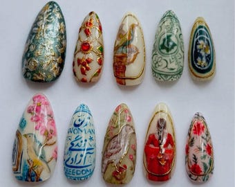 Handmade Vintage Art Nouveau Press On Nails | Botanical & Cultural Painting Design | Elegant Museum-Inspired Nail Set