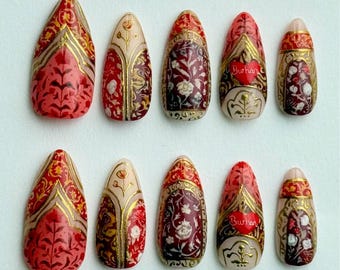 Handmade Mughal Art Press On Nails | Red & Gold Floral Nail Set