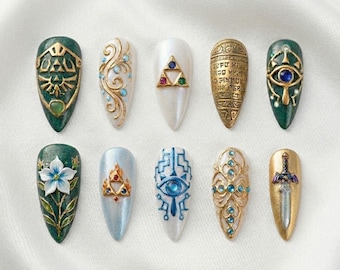 Handmade Legend of Zelda Press On Nails | Master Sword, Triforce, Sheikah Eye Gamer Art