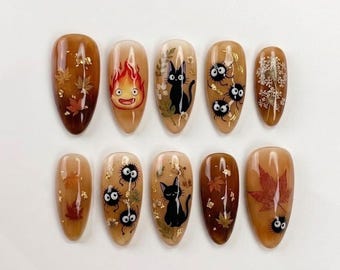 Handgemaakte, gezellige herfstnagels | Luxe kunst met zwarte kat en roetgeest | Set gepersonaliseerde herfstnagels in cottage-stijl