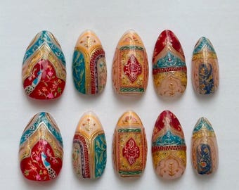 Handmade Peacock Press On Nails | Red & Teal Art Deco, Baroque Gold Detail