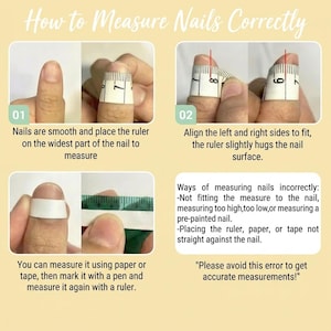 May include: An instructional image titled "How to Measure Nails Correctly" shows steps for nail measurement. It includes using a ruler and tape, with text explaining correct and incorrect methods for accurate measurements. The image is on a light beige background.