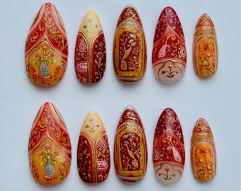 Handmade Red & Gold Mughal Press On Nails | Ornate Heritage Floral Nail Set