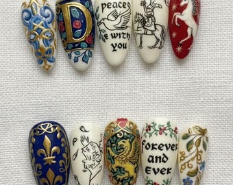 Medieval Fantasy Press On Nails | Unicorn Knight Royal Nails | Handmade Renaissance Nail Set