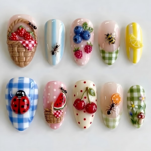 Cute Fruit Picnic Press On Nails | 3D Strawberry Cherry Lemon Bee Nails | Cottagecore Summer Gingham Handmade Gift for Her