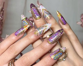 Handmade Cathedral Glass Press On Nails | Purple & Gold Baroque Art Deco