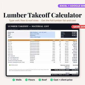 Könnte beinhalten: Eine digitale Holz-Mengenermittlungstabelle für Excel und Google Sheets. Die Benutzeroberfläche zeigt eine Materialliste für ein Bauprojekt mit Spalten für Artikel, Kategorie, Einheit, Menge, Einzelpreis und Gesamtkostenberechnungen.