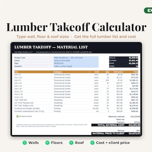 Op de afbeelding: Een digitaal Excel-spreadsheet-sjabloon voor een houtlijstcalculator. De interface toont een materiaallijst voor bouwprojecten, inclusief kolommen voor item, categorie, eenheid, hoeveelheid, eenheidsprijs en totale kosten voor muren, vloeren en daken.
