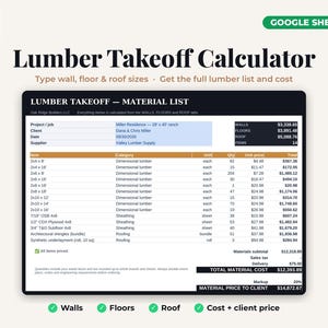 Op de afbeelding: Een digitaal Lumber Takeoff Calculator-spreadsheet voor Google Sheets. De interface toont een materiaallijst voor bouwprojecten, inclusief kolommen voor item, categorie, eenheid, hoeveelheid, eenheidsprijs en totale kosten voor hout, beplating en dakbedekking.