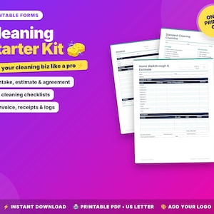 May include: A Cleaning Starter Kit printable forms set featuring an invoice, standard cleaning checklist, and home walkthrough estimate. The documents are white with dark blue text and headers, presented on a vibrant purple background.