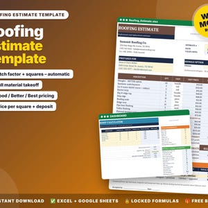 May include: A digital roofing estimate template displayed on two overlapping spreadsheet windows. The document includes sections for company information, material quantities, unit prices, and a roof calculator dashboard with text labels.