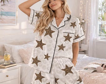 Cute Star Leopard Pajama Set for Women, Satin Polyester Short PJs, Button Up Sleepwear, Summer Loungewear, Comfy Gift for Her