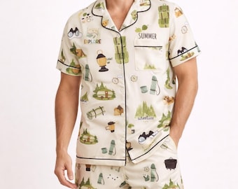Outdoor Gear Pajama Set for Men, Satin Polyester Short PJs, Camping Satin Pajamas, Summer Adventure PJs for Men, Gift for Him
