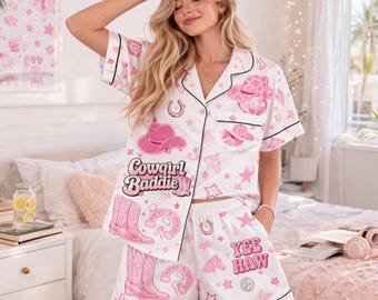 Pink Western Cowgirl Pajama Set for Women, Satin Polyester Short PJs, Cowgirl Baddie Pajama Set, Yeehaw Summer Sleepwear, Comfy Gift for Her