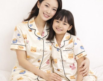 Lucky Pooh Silky Pajama Set for Women & Kids, Vintage Cartoon Satin PJs Short Sleeve Top, Matching Family Sleepwear