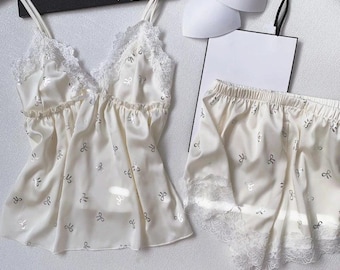 Women Satin Pajama Set Lace Trim Cami Shorts, Polyester Sleepwear with Built-in Bra Pads, Summer Nightwear Gift for Her, Bridesmaid Pajamas