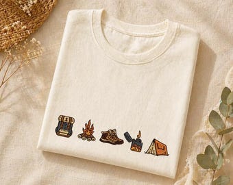 Camping Embroidered Shirt, Outdoor Adventure Tee, Hiking Campfire Backpack Shirt, Nature Lover Gift, Minimalist Embroidery Tee
