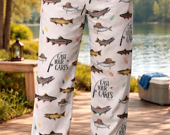 Fishing Pajama Pants for Men, Polyester Satin, 'Cast Your Cares' Print, Relaxed Fit, Comfortable Sleepwear, Gift for Fisherman