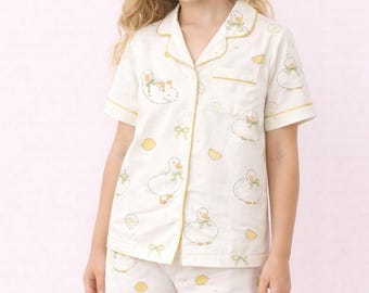 Cute Goose Pajama Set – Duck Print Polyester Satin Blend, Soft & Breathable Sleepwear for Kids and Adults, Yellow Trim