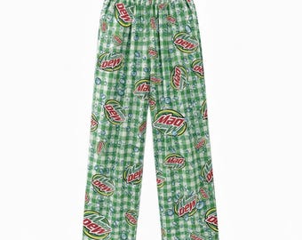 Mountain Dew Pajama Pants & Sweatpants | Green Gingham Loungewear Bottoms | Unisex Sleepwear | Funny Soda Fan Gift