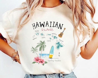 Hawaiian Islands Shirt, Hawaii Map Graphic Tee, Tropical Vacation Shirt, Beach Summer Shirt, Surfing Paradise Tee, Cute Travel Shirt