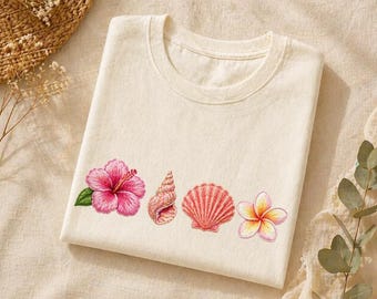 Pink Coastal Embroidered Shirt, Beach Vacation Shirt, Summer Beach T-Shirt, Seashell Starfish Seahorse Flower Graphic Tee