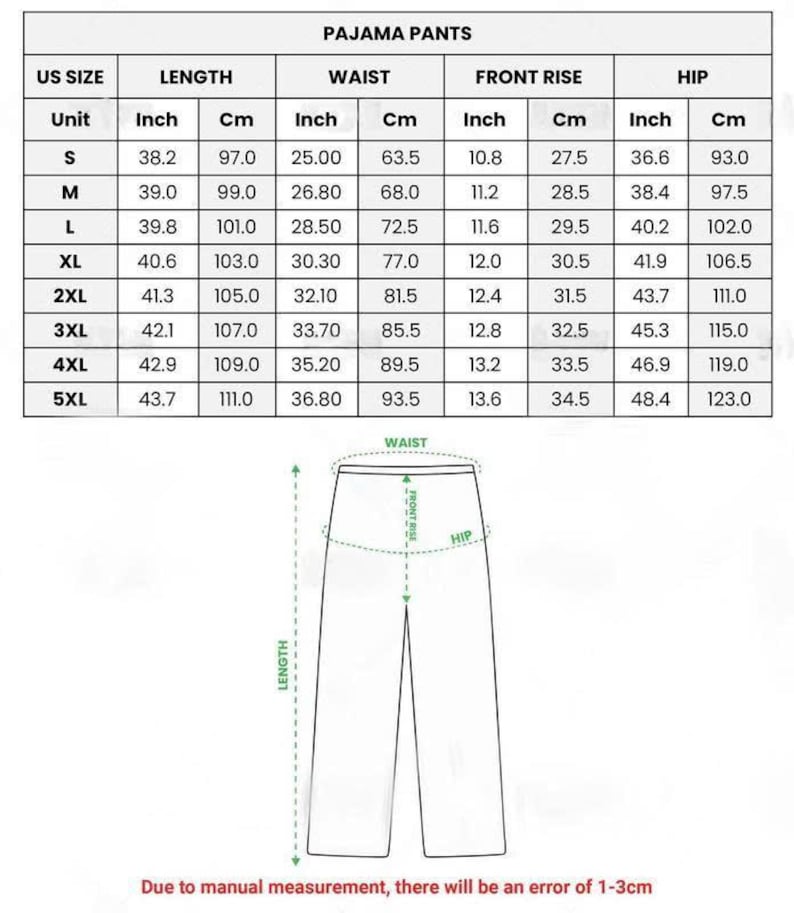 Puede incluir: Tabla de medidas para pantalones de pijama, con tallas de la S a la 5XL. Las medidas se dan en pulgadas y cent&iacute;metros para la longitud, la cintura, el tiro y la cadera. El texto "PAJAMA PANTS" est&aacute; en la parte superior.