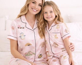 Jellycat Silky Pajama Set for Women & Kids, Cute Jellycat Character Satin PJs Short Sleeve Top, Matching Family Sleepwear