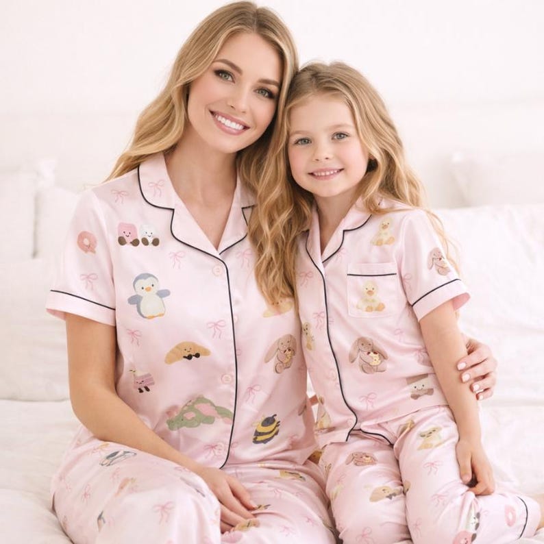 Puede incluir: Conjuntos de pijama rosa a juego con ilustraciones de dibujos animados de animales y comida. La parte superior de manga corta y los pantalones presentan un dise&ntilde;o abotonado con ribete negro. Los pijamas son usados por una mujer y una ni&ntilde;a.