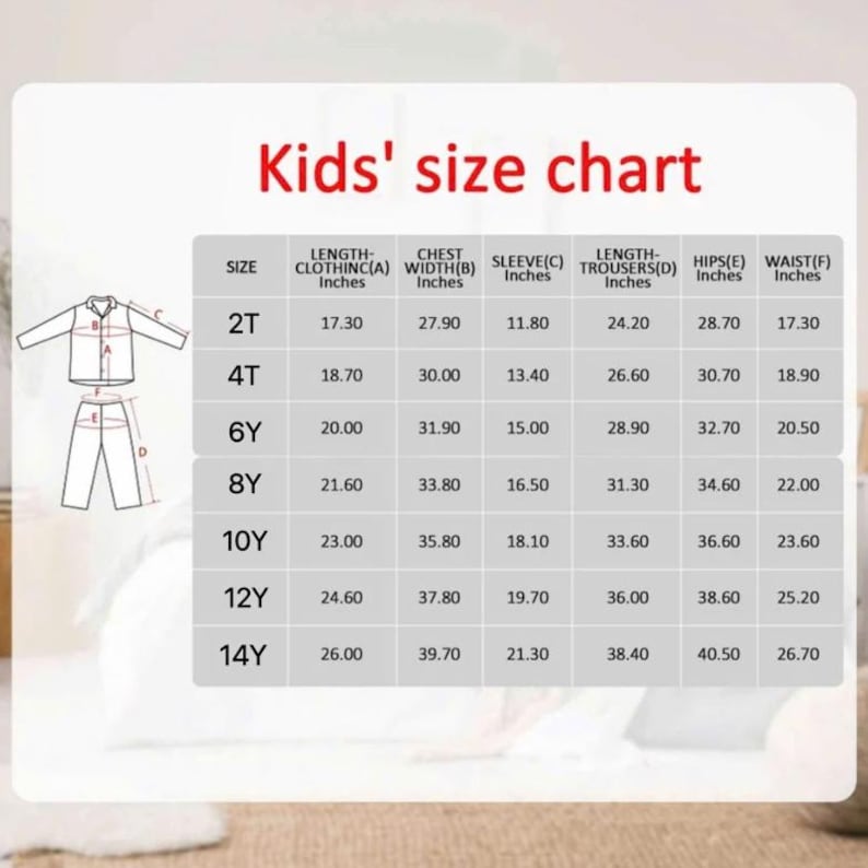 Puede incluir: Tabla de tallas de ropa para ni&ntilde;os, con medidas en pulgadas. La tabla incluye tallas de 2T a 14Y, detallando la longitud de la ropa, el ancho del pecho, la longitud de la manga, la longitud del pantal&oacute;n, las caderas y la cintura.