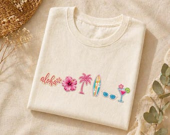 Hawaii Aloha Embroidered Shirt, Beach Vacation Shirt, Summer Beach T-Shirt, Surf Van, Palm Tree, Fruit & Ocean Graphic Tee