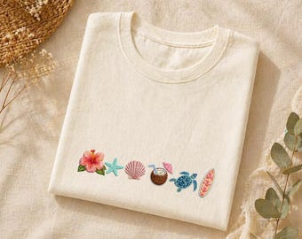 Embroidered Summer Beach Shirt, Beach Vacation Shirt, Cute Coastal Icons Tee, Hibiscus Starfish Turtle Shirt, Aesthetic Vacation Outfit Gift