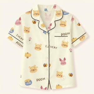 Lucky Pooh Silky Pajama Set for Women & Kids, Vintage Cartoon Satin PJs Short Sleeve Top, Matching Family Sleepwear image 2