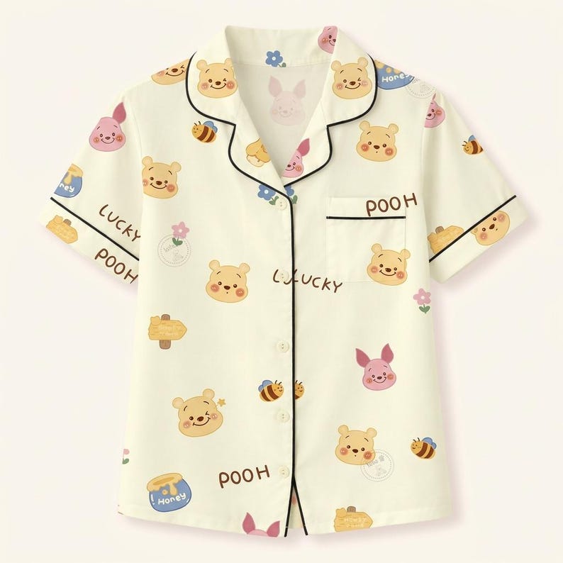 Lucky Pooh Silky Pajama Set for Women & Kids, Vintage Cartoon Satin PJs Short Sleeve Top, Matching Family Sleepwear image 2