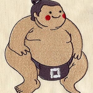 May include: A cartoon illustration of a sumo wrestler in a traditional wrestling outfit. The wrestler is brown and has a black belt with a white square on it. The wrestler has a red face and a black topknot.