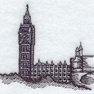 May include: A black and white embroidered design of the Elizabeth Tower, commonly known as Big Ben, and the Houses of Parliament. The detailed illustration shows the clock tower and the building's architecture.