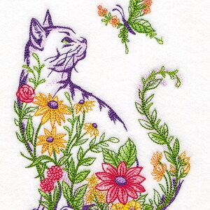 Floral Cat Embroidered Waffle Weave Hand/Dish Towel