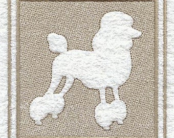 May include: White embroidered poodle silhouette on a beige background with a white border.