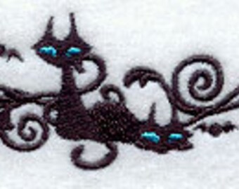 Filigree Black Halloween Kitty Border Embroidered Waffle Weave Hand/Dish Towel