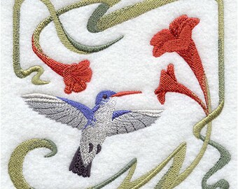 Red Flowers Hummingbird Square Embroidered Waffle Weave Hand/Dish Towel