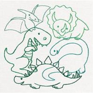 Peut inclure: Dessin au trait de quatre dinosaures en noir et vert. Un Tyrannosaurus Rex, un Stégosaure, un Brachiosaure et un Tricératops.