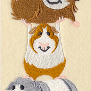 May include: Three embroidered guinea pigs stacked on top of each other. The top guinea pig is brown and white with its arms raised. The middle guinea pig is brown and white with its arms down. The bottom guinea pig is gray and white with its arms down.