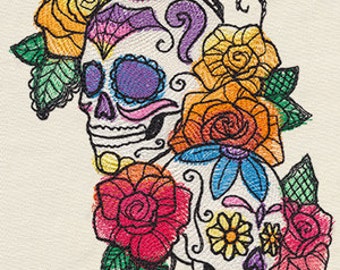 Bella Muerte - Calavera Cascade Sweet Skull Mexican Culture Dia De Los Muertos Embroidered Waffle Weave Hand Towel