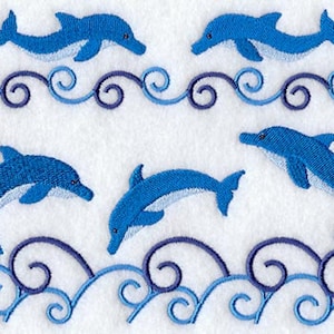 Dolphins and Waves Embroidered Waffle Weave Hand/Dish Towel