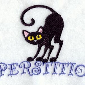 Superstitious Black Halloween Cat Embroidered Waffle Weave Hand/Dish Towel image 1