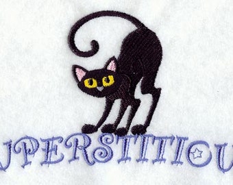 Superstitious Black Halloween Cat Embroidered Waffle Weave Hand/Dish Towel